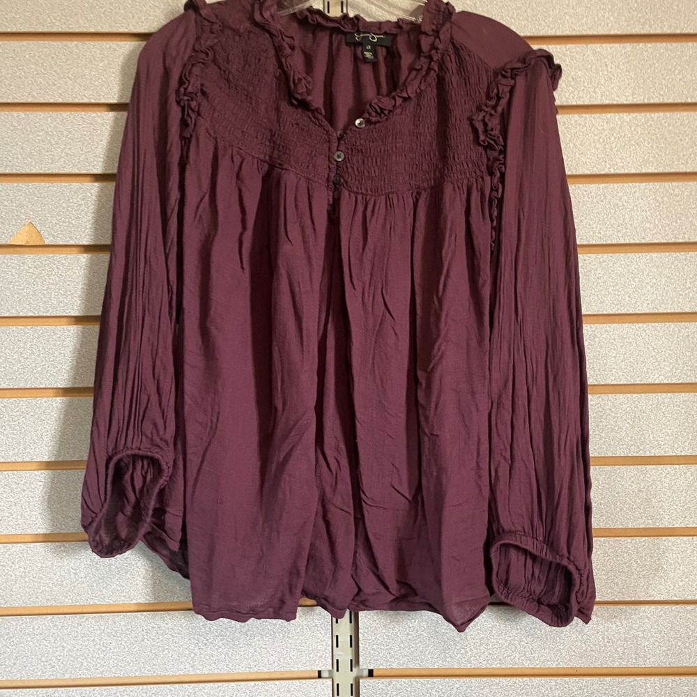 Jessica Simpson Women's 1X Purple‎ Ruffle Trim Smocked Long Sleeve Blouse Top